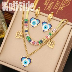 2023 nouveau coloré carré cubique zircone amour coeur breloques collier Bracelet boucles d'oreilles ensemble brillant en acier inoxydable Double couche chaînes ensemble de bijoux pour les femmes cadeaux