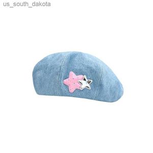 2023 Nouveau Denim Peintre Chapeau pour Fille Hip Hop Star Broderie Denim Béret Unisexe Boinas Chapeau Plat Street Fashion Octogonal Cap L230523