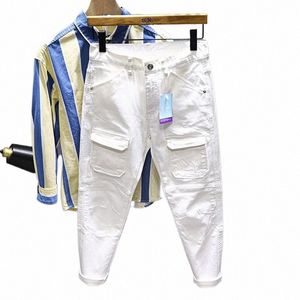 2023 Nouveau Designer Hommes Blanc Patch Jeans Slim Fit Stretch Fi Pocket Chic Streetwear Mâle Jeune Biker Jeans Denim Pantalon s8oe #