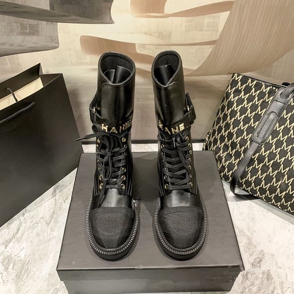 Bottes de cheval noires à talons bas pour femmes, chaussures de sport simples et polyvalentes, à lacets et Velcro, à la mode, nouvelle collection 2023