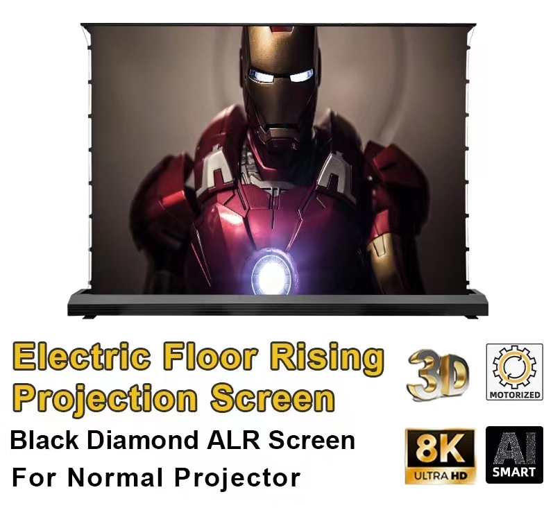 2023 Nytt elektriskt golv Rising ALR Black Diamond Projection Screen 3D/4K Ambient Light avvisar för Normal Projector 72-150 tum
