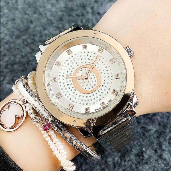 Reloj de pulsera de cuarzo con banda de metal y acero cristalino para mujer y niña, marca de moda, venta al por mayor, regalo, reloj dorado, 2023