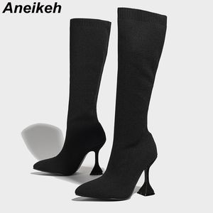 2023 nouvelle mode tissu extensible concis solide bout pointu femmes talons aiguilles sur le genou bottes chaussures de fête couture noir