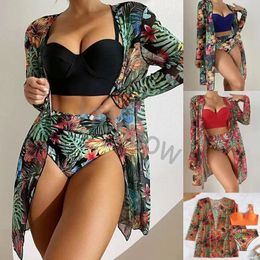 2023 nueva moda verano malla chal traje de baño Sexy Bikini playa Crochet cubrir Ups mujeres tres piezas