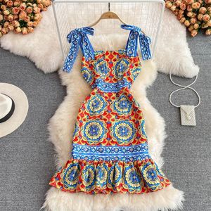 2023 nieuwe mode vrouwen spaghetti band print bloemen retro barok stijl hoge taille bodycon sexy zeemeermin jurk SMLXLXXL271L