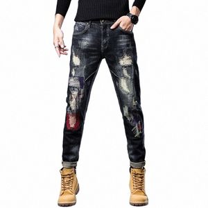 2023 Nouveau Fi Biker Jeans Hommes Distre Stretch Déchiré Hip Hop Slim Fit Trous Punk Denim Cott Haute Qualité Pantalon Q2Y8 #