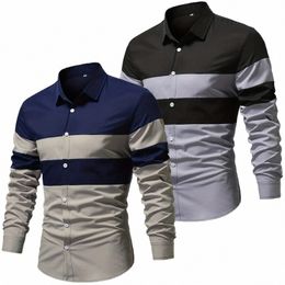 2023 Nieuwe Fi Mannen Colorblock Gestreept Shirt 100% Polyester Lg Mouw Casual Butt Up Ctrast Kleur Patchwork Shirt Voor mannen M5dL #