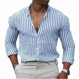 2023 Nouveau Fi Chemise pour hommes Stripe Impression Slim Couleur Vert Ciel Bleu Outdoor Street Lg Manches Vêtements Chic Design Casual R2RL #