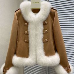 Manteau en daim et fourrure de renard pour femmes, avec doublure intérieure intégrée en duvet, Style court et jeune, nouvelle collection 2023, 686196