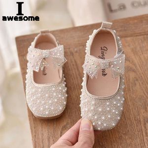 2023 New Girl's Princess Children's Fashion's Bow Rignestone Sequin Kids Shoe Baby Girls Party Student Flat Leather Chaussures L2405 L2405