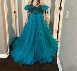 2023 New Girls Pageant Dress Ball Gown Sweetheart Organza Prom Vestidos Cristales Beaded Maxi Teal Long Party Dress Vestidos de 15 anos Aqua Prom Dresses