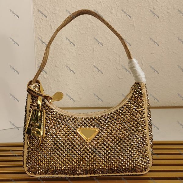 2023 Nuevo Gold Flash Diamond Hobo Bag Taladro Hobo Efecto de la bolsa de hambre de BlingBling Under Night Light 10A Mirador de nivel superior Mujeres195a