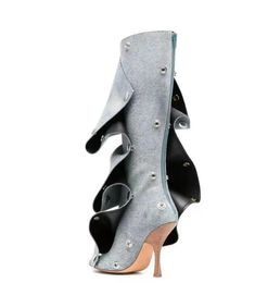 2023 nieuwe hoge hakken puntige metalen klinknagel denim patchwork casual twee dragen stapel knielange laarzen voor dames