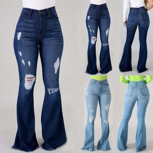 2023 Nieuwe Hoge Taille Ripped Flared Jeans Voor Vrouwen Mode Slanke Heup Lift Stretch Denim Broek Straat Casual Vrouwelijke Broek s-3XL