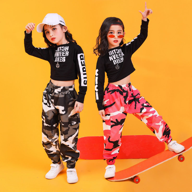 2023 Nieuwe jazzdanskostuums voor kinderen lange mouwen camouflagebroek hiphop danskleding meisjes jazz performance kostuums xs1020