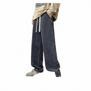 2023 NOUVEAU Coréen Hommes Casual Lg Jeans Classique Homme Droit Denim Pantalon à jambes larges Couleur unie Bleu clair Gris Noir 3XL o5FC #