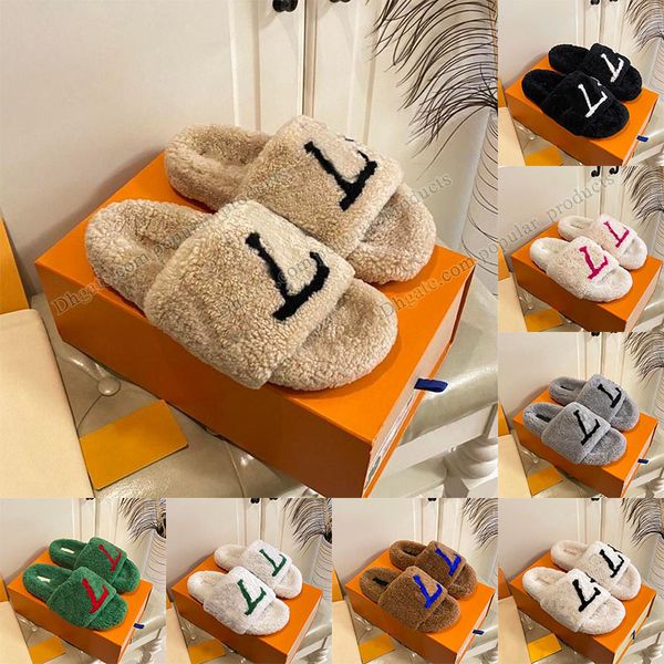 2023 New Home Style Fur Pantoufles Sides Womens Famous Desiger Sandals Winter House Slipper Noir Blanc Crème Beige Light Gree Rose Rose Furry Fluffy Fuzzy Slipper