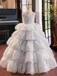 2023 Nieuwe kanten baljurk bloem voor bruiloften Appliqued Boho Kids First Communion Vintage Jurns Birthday Dress Girls Pageant Jurken