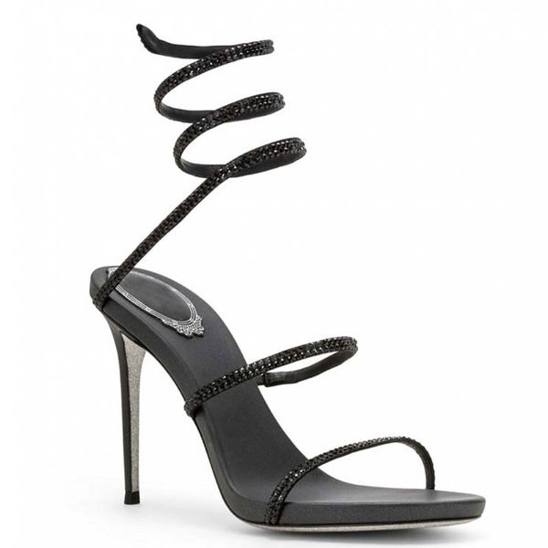 2023 Nuevas sandalias romanas con cordones de tacón alto para mujer Tacón de aguja de verano Estrella Mismo estilo Botas de sandalias con diamantes de imitación sinuosos en forma de serpiente a juego