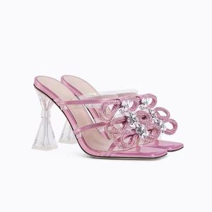 2023 nuevas sandalias de cuero de piel de oveja de PVC 9CM tacones de aguja Bombas Zapatillas de mujer Verano peep-toe puntas abiertas Cabeza cuadrada tamaño 34-42 corbatín sin cordones perla diamante boda