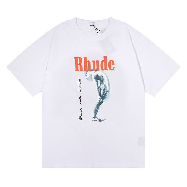 2023 Nuevo logotipo de impresión de letras RHUDE Manga corta Unisex Negro Blanco Albaricoque Camisetas Castle Coconut Tree Casual Loose Rhude Top Tees