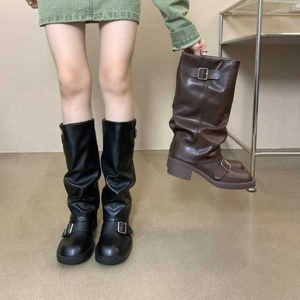 2023 nouvelles bottes longues bout rond talon carré boucle de ceinture confort décontracté talon épais bottes de jambe de pantalon bottes à manches hautes à talon moyen 231028