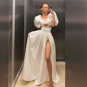 2023 nouvelle jupe longue deux pièces robe à manches bulle avec taille haute fendue français jupe longue costume