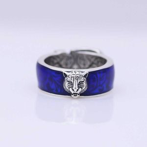 2023 nouveaux bijoux de mode de haute qualité de luxe pour la tête de tigre en argent sterling émail bleu double boucle de ceinture pour hommes ins anneau de personnalité