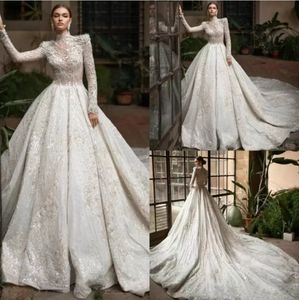 2023 nouvelles robes de mariée de luxe col haut manches longues Fulle dentelle perles tulle robes de mariée robe de mariée robe de noiva BC5491