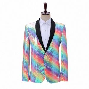 2023 Nuevos hombres Rainbow Lentejuelas Traje Chaqueta LG Manga Single Butt Male Banquet Blazer Fi Luxury Bar Stage Prom Party Cotume i8Ew #