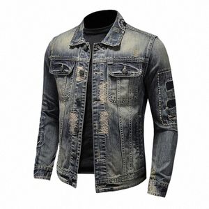 2023 Nouvelle tendance de la veste en jean pour hommes, ample, décontracté, beau streetwear, haute rue, trou de fi, veste en jean à revers mince N46g #