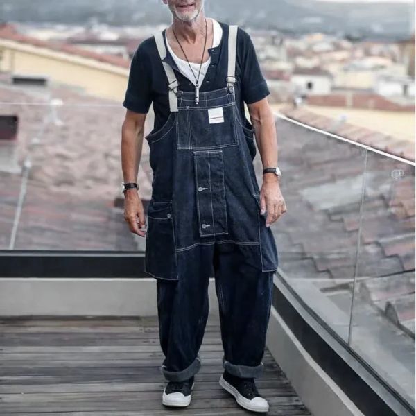 Mono de estilo Hip Hop para hombre, pantalones con pechera, pantalones vaqueros de carpintero, pantalones vaqueros holgados informales de longitud completa, novedad de 2023