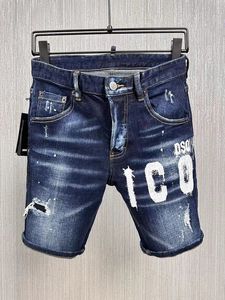 2023 Nieuwe heren jeans shots shot schot denim voor man blauwe samenvatting halve broek heren heren baken gat metalen knop zippe mager slank vlekkenachtig lectje gewassen esdoornblad