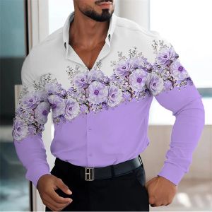 2023 Nieuwe heren revers button-down shirt 3D geprinte bloem grafische shirt met lange mouwen street slijtage heren casual vest top