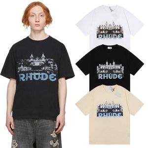 2023 Nouveau T-shirt pour hommes North American High Street Brand Rhude Fashion Niche Casino Château haute définition imprimé à manches courtes pour les amoureux