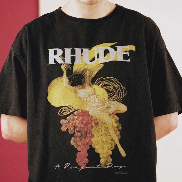 2023 Nouveau T-shirt pour hommes Marque de rue nord-américaine Rhude Raisin Figure féminine Illustration abstraite Lettre Impression à manches courtes Col rond Lâche Femme