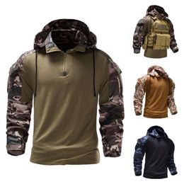 Sudadera con capucha de camuflaje para exteriores para hombre, camiseta elástica de combate con bolsillo desmontable, campo militar, novedad de 2023