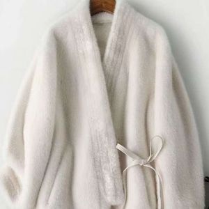 Peluche de vison écologique pour femmes, fourrure intégrée, col en v, taille à lacets, pour manteau amincissant et chaud, nouvelle collection 2023, 383774