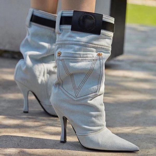 2023 Nouveau modèle de bottes Style euro-américain rétro manches bleues grand tube circonférence pointu talon fin bottes de cowboy bottes courtes bottes pour femmes