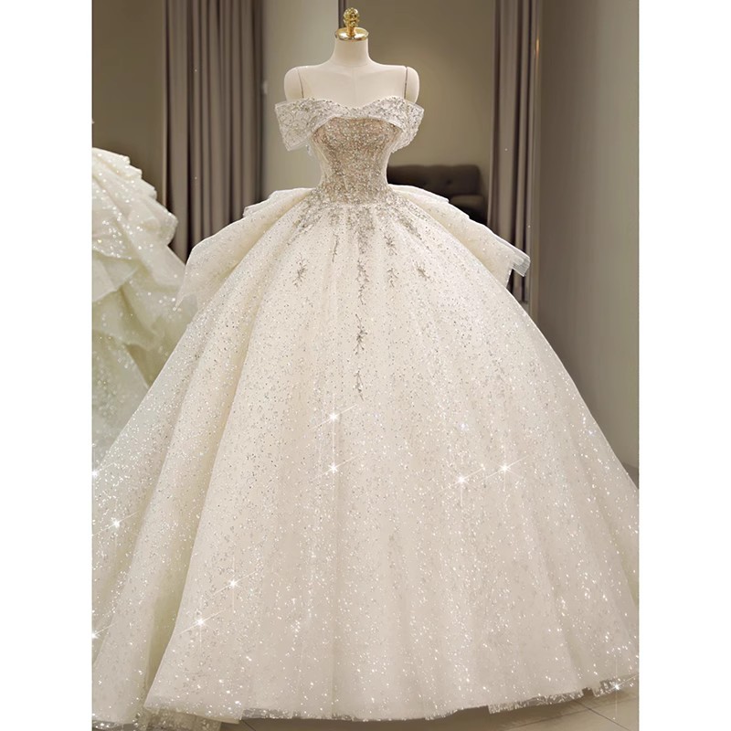 2023 New Off The Shoulder Wedding Dress for bride with long train Lace Up Luxury Bridal Ball Gown