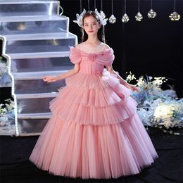 2023 nuevos vestidos de niña de flores de tutú rosa Lujoso encaje de múltiples capas Niveles de cuentas Tul Lilttle Niños Cumpleaños Pageant Vestidos de boda Vestido de fiesta Fiesta de princesa Vestidos de fiesta