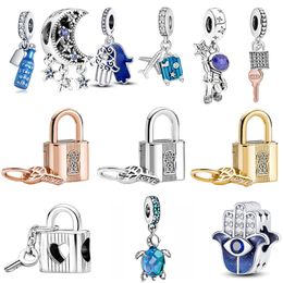 2023 Nouveau populaire 925 en argent sterling bleu serrure à clé pendentif charme convient au bracelet Pandora primitif bricolage femmes bracelet accessoires de bijoux de mode
