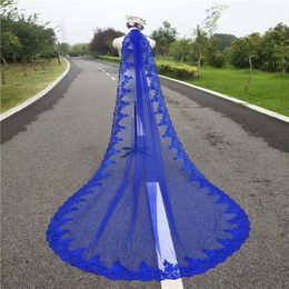 2023 nuevo azul real de 3 metros lentejuelas de encaje Catedral larga boda velo colorido velo nupcial con peine