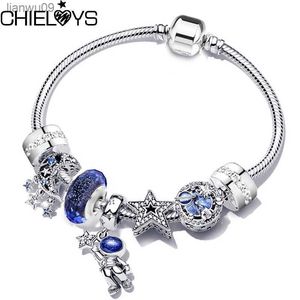 2023 New Silver Color Charm Bracelets Avec Blue Star Moon Perles Pendentif Pour Femmes Espace Série Bijoux Cadeau Dropshipping L230704