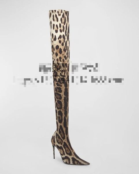 2023 nouveau style bottes au genou en cuir de mouton pillage orteil cuissardes chaussures de tenue décontractée talons aiguilles coton élastique coloré imprimé léopard taille 35-43