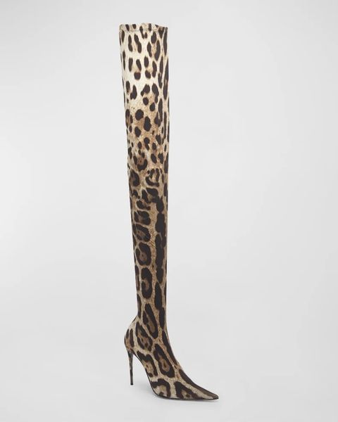 2023 nouveau style bottes au genou en cuir de mouton pillage orteil cuissardes chaussures habillées décontractées talons aiguilles coton élastique coloré imprimé léopard taille 35-43