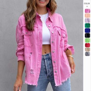 Women's Denim Top 2023 New Style Medium-Length Rough Edge Hole Jean Jacket Casual Long Sleeve Lapel Top with Print Pattern Autumn Wear