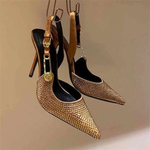 Baotou – sandales à talons hauts, couleur unie, strass, boucle dorée, bout pointu, chaussures de Banquet, nouveau Style, 2023