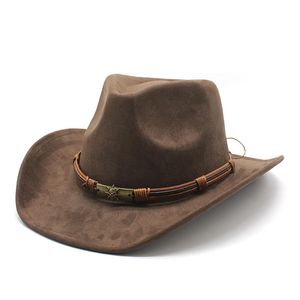 2023 NUEVO Suede Fedora Hat Cowboy Jazz Top Hats para Mujeres Hombres Fedoras Wide Brim Cap Viajes al aire libre Fieltro Caps Trilby Christmas Party Gift 6colors