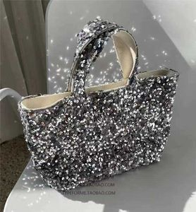 2023 Nieuwe zomer Koreaanse niche -ontwerp Moderne Silver Gray -serie Bling -pailletten Handgemaakte korte handvat Canvas Bag 230401